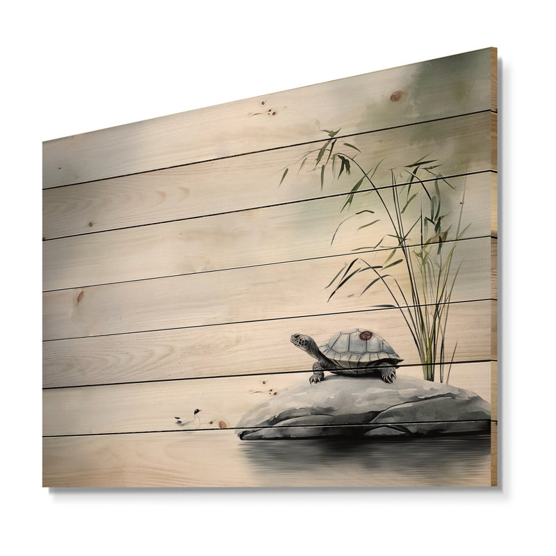 Tortue de bambou perchée II - Tortue, art mural en bois sur bois de pin naturel, H 24 po x l 32 po