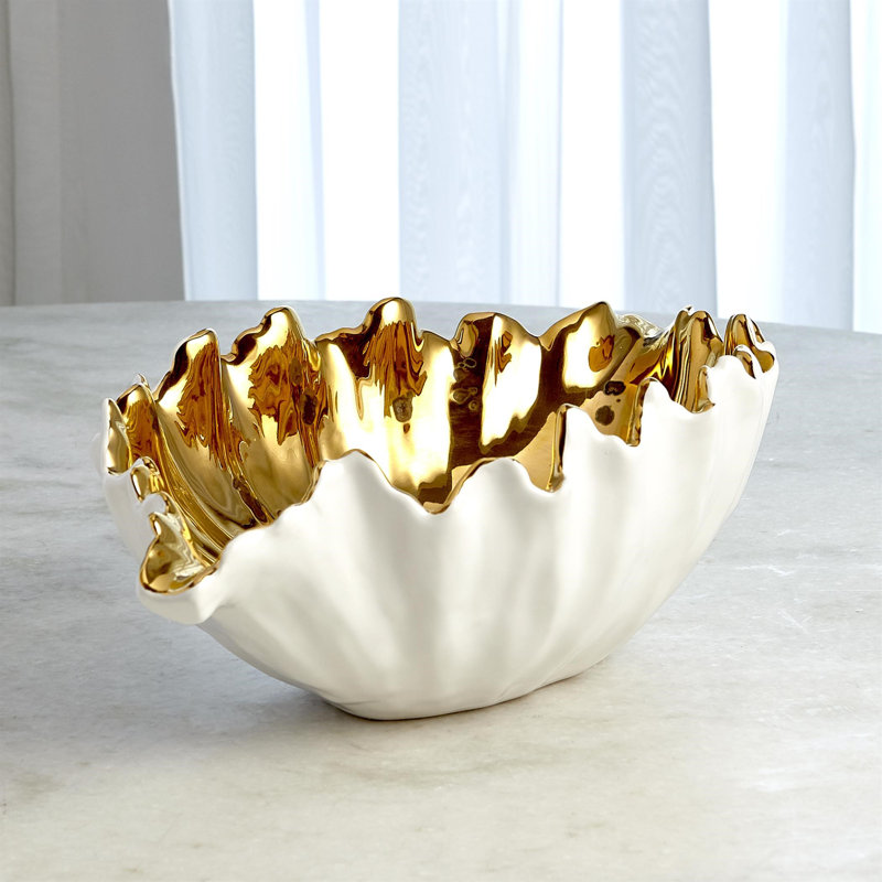 Organic Wave Oval Bowl-White-Lg, 5.75" H x 18.50" W x 10.50" D, White/Gold