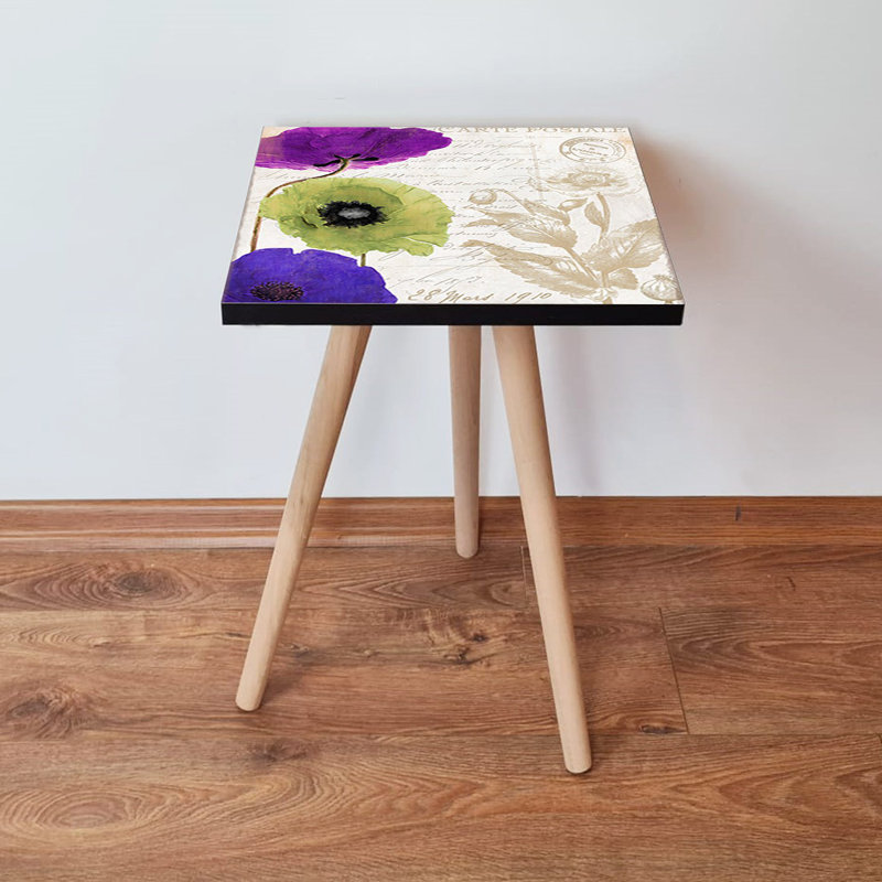 Table d'appoint moderne avec pieds en bois de hêtre, 13,8 x 16,5 x 13,8 pouces | Fabrication 100% bois aggloméré, épaisseur: 0,7 po | Design floral élégant, parfait pour le salon et la chambre à coucher, durable et élégant
