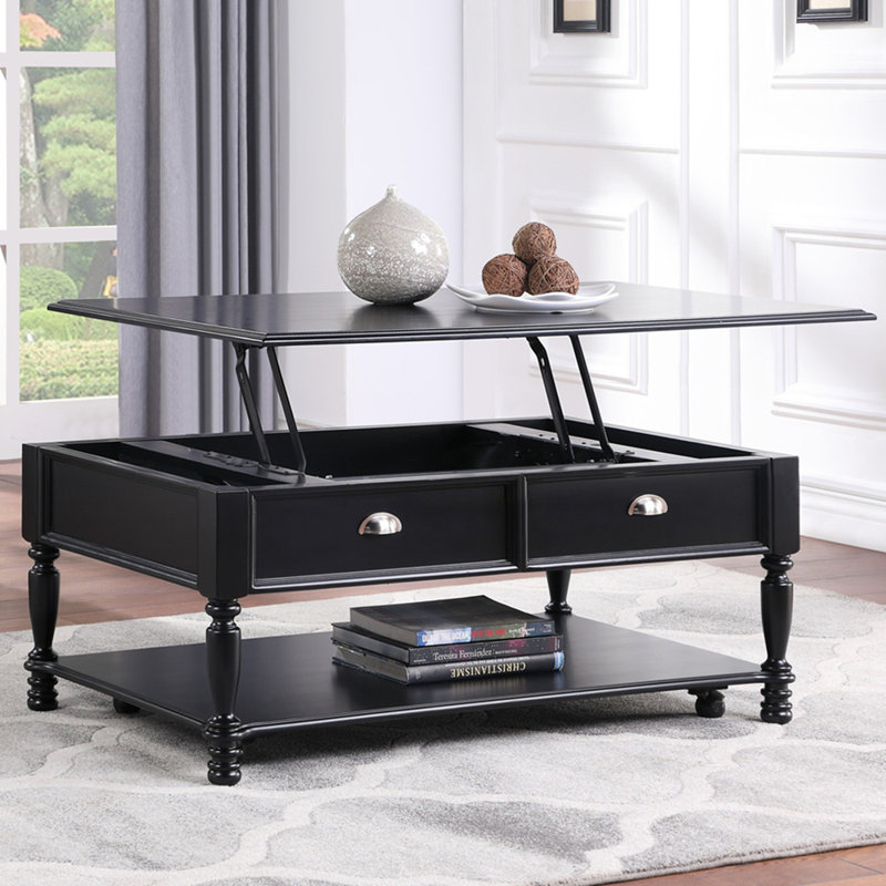 Table basse élégante avec design classique et finition noire avec roulettes et plateau inférieur