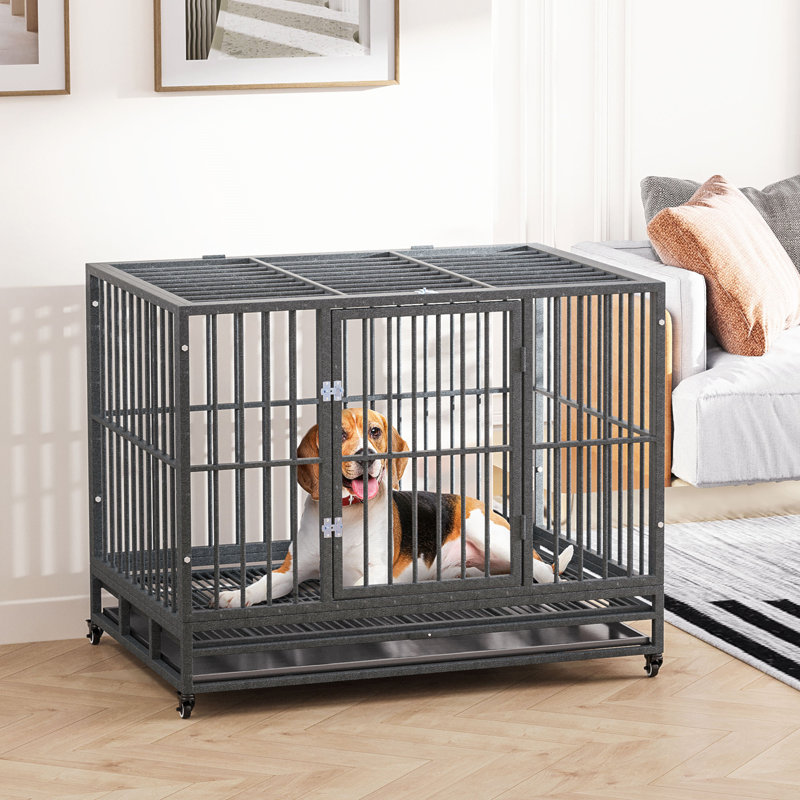 Large Gray Rolling Metal Dog Crate with Double Doors