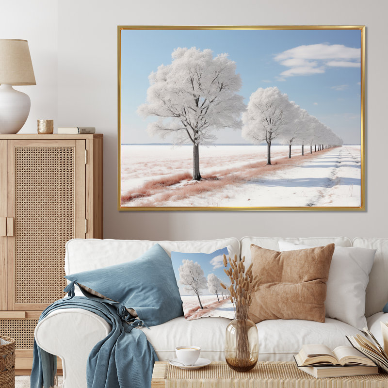 " Gray And White Winter Trees II ", 12" H x 20" W x 1" D, Gold Floater Framed