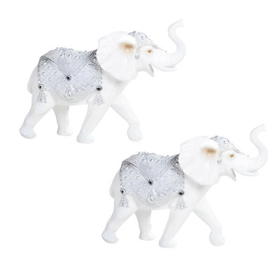 "Ensemble de 2 pièces" ICE ARMOR 9,75 "W éléphant thaïlandais argenté et blanc avec tronc Figurine ornement de décoration de maison / chambre et idées de cadeaux parfaits pour le réchauffement de la maison, les fêtes et les anniversaires