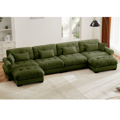 U Shaped Sectional Sofa Cloud Couch With Movable Ottomans,Convertible Deep 4 Seater Modern Velvet Comfy Upholstered Corner Couch With Blostered Armrests, Waist Pillow And Throw Pillows