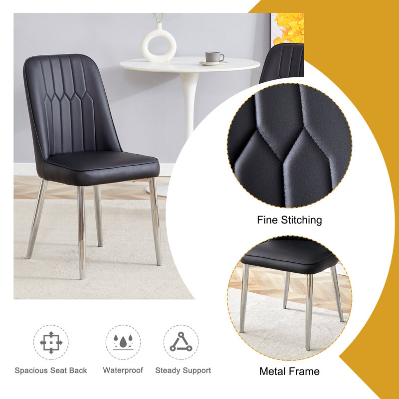  Chaises de salle à manger en polyuréthane avec dossier élégant et pieds en métal argenté, ensemble de 8 pour la salle à manger, la chambre à coucher ou le bureau, noir et argent