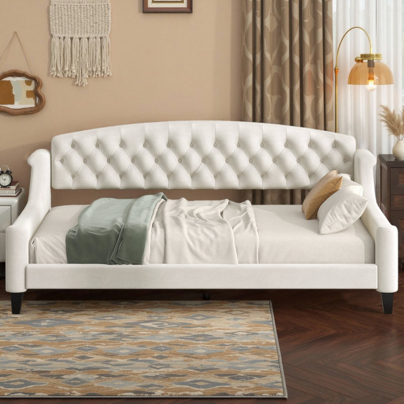 Lit de jour simple tapissier - Design moderne capitonné avec lattes en bois, Beige