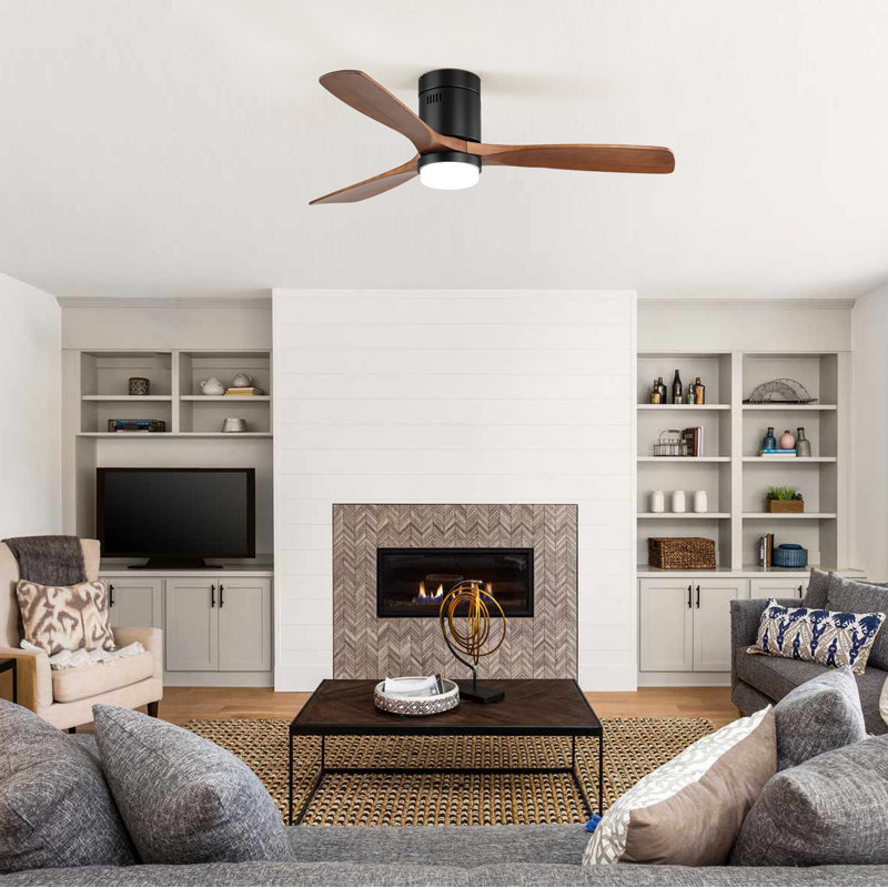 52'' Matte Black and Brown Wood Flush Mount Ceiling Fan with LED Light