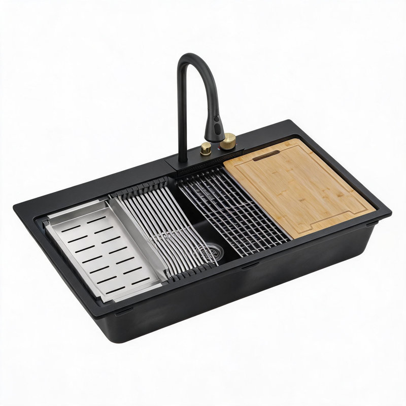 Évier de cuisine encastré à une cuve en composite de granit et quartz noir de 33 pouces avec robinet extractible