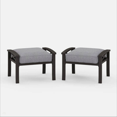 Set Of 2 All-Weather 26” Width Metal Ottomans, Khaki Frame With Gray Cushions