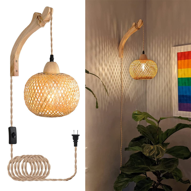 Bamboo and Rattan Plug-In Wall Sconce Set with Wood Holder