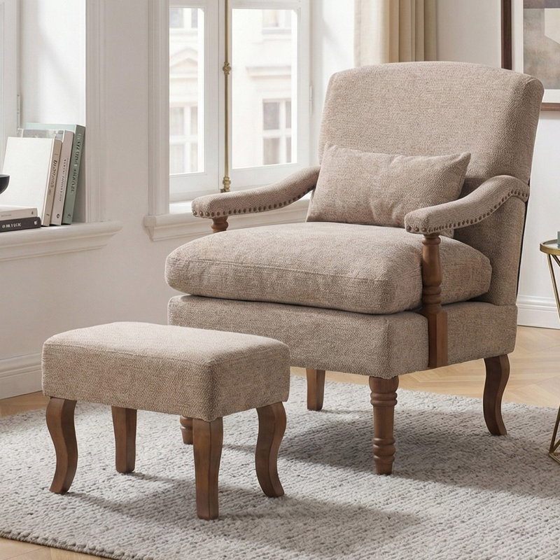 Upholstered Accent Chair with Ottoman and Wood Turned Legs, Sand