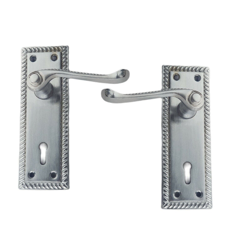  Georgian Style Lock Door Handle in Brushed Chrome Finish with Fixings - 152mm Backplate