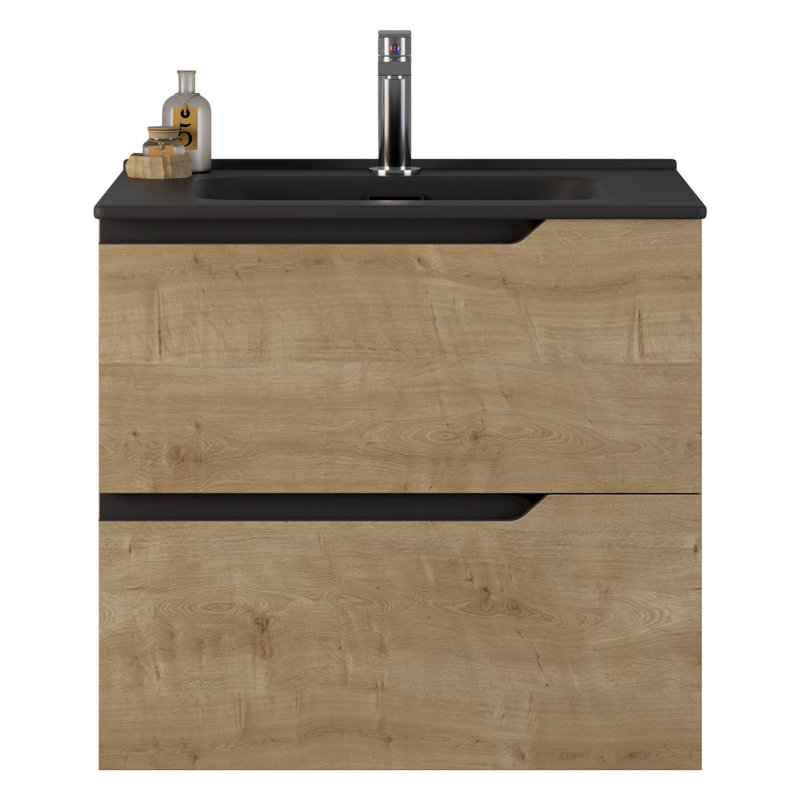 Duo 24" Single Vanity With Integrated Ceramic Top, Blonde Wood, 24", Black