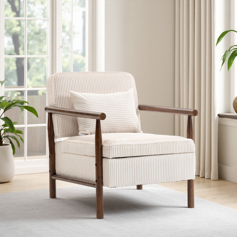 Chaise de rangement, fauteuil d'appoint Mid-Century moderne avec structure en bois, Blanc antique