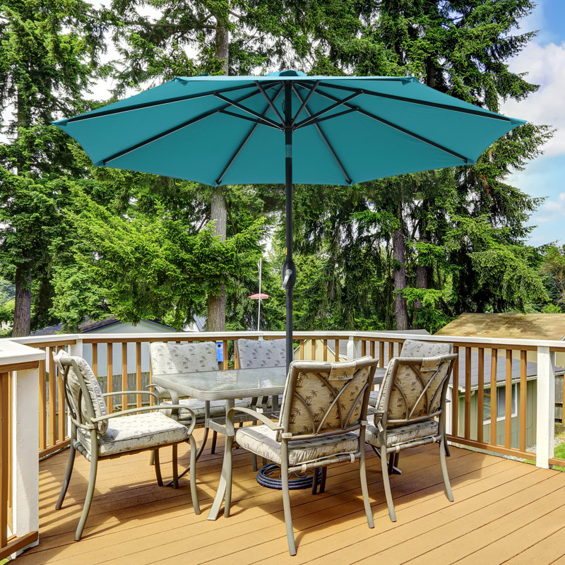 Parasol de marché extérieur de 9 pi avec bouton-poussoir inclinable Dorava, Bleu lac