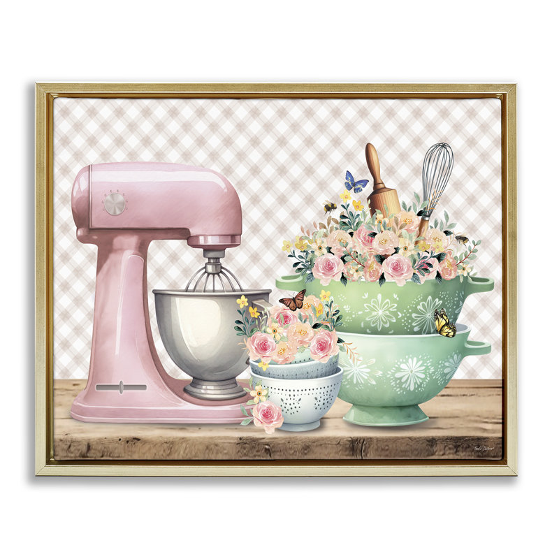 Floral Gingham Kitchen Floater Canvas Wall Art by Nicole DeCamp, Metallic Gold Floater Frame, 25" H x 31" W
