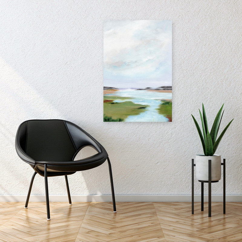 «Serene Marsh Landscape», impressionnant paysage pacifique côtier impressionniste, 36" H x 24" W