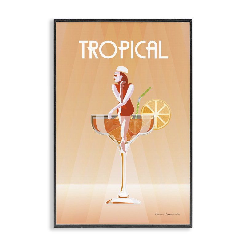 «Tropical Drink Girl», estampe numérique encadrée par Omar Escalante, Giclée encadrée noir minuit, H 24 po x l 16 po