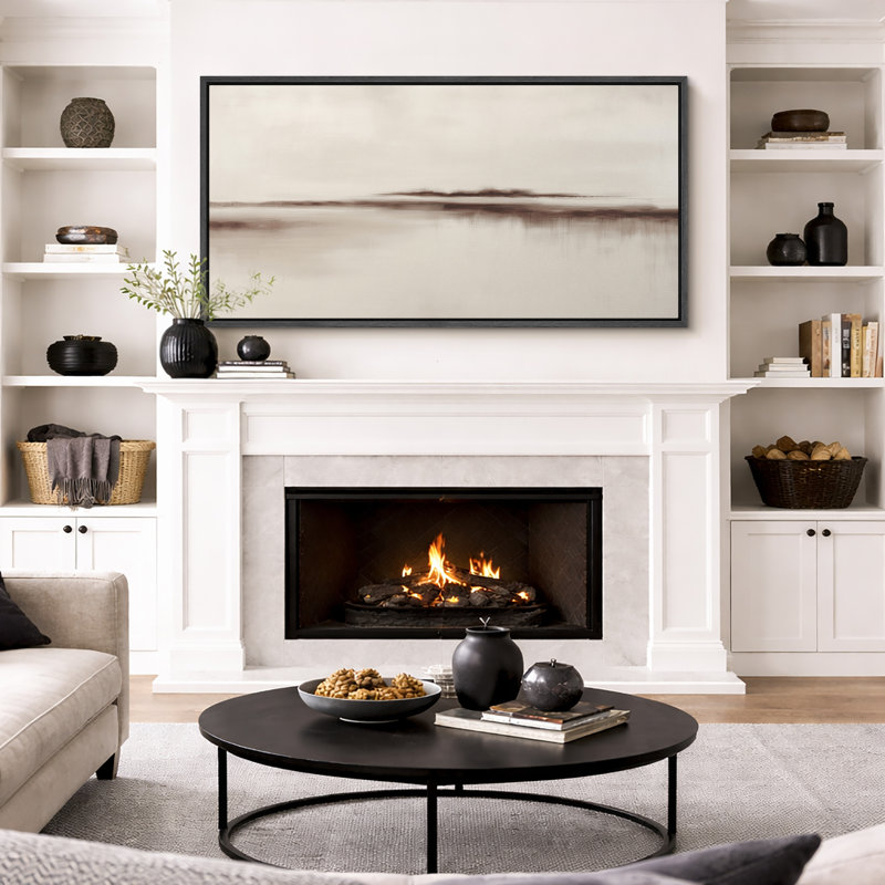Minimalist Neutral Horizon Abstract Landscape Calm Wall Decor Extra Large Pictures Framed Canvas Print Wall Art, Black