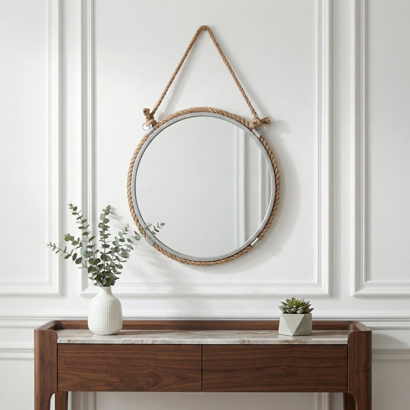 Tomasi Round Coastal Wall Mirror with Rope Hanger - 31" Metal & Glass Frame, Brown & Silver - Nautical Decor for Home, Bedroom, Living Room, or Office
