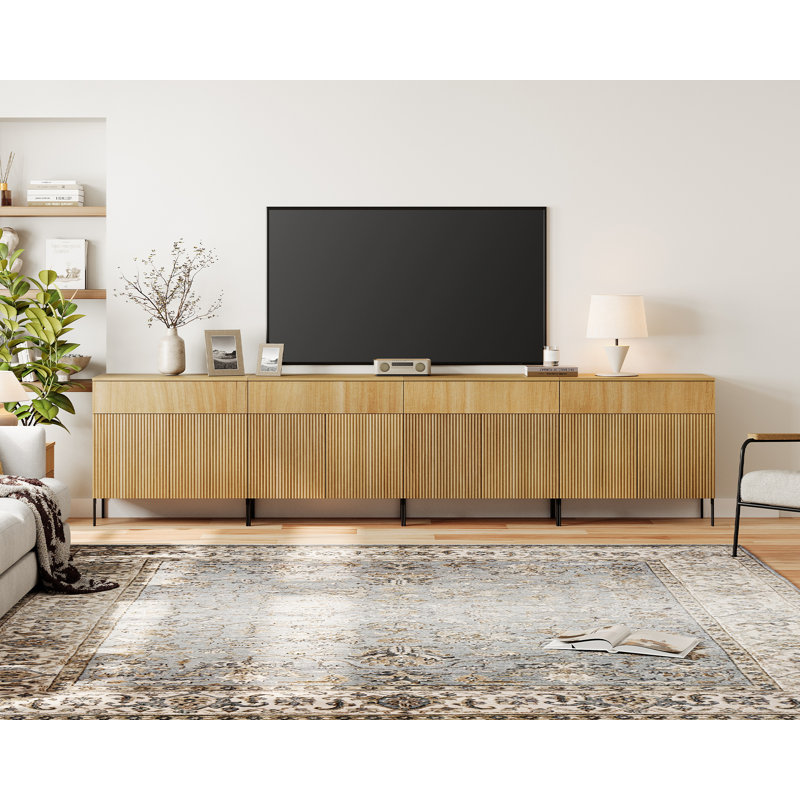 Union Rustic 126" Long Modern Reeded TV Stand With Doors, Entertainment Center With Shelf, Wooden TV Console With Drawers For Living Room