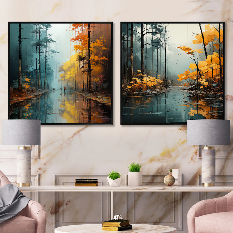 Autumn Forest Solitude - Ensemble de 2 collages carrés forêt, Cadre flottant noir, H 16 po x l 33 po