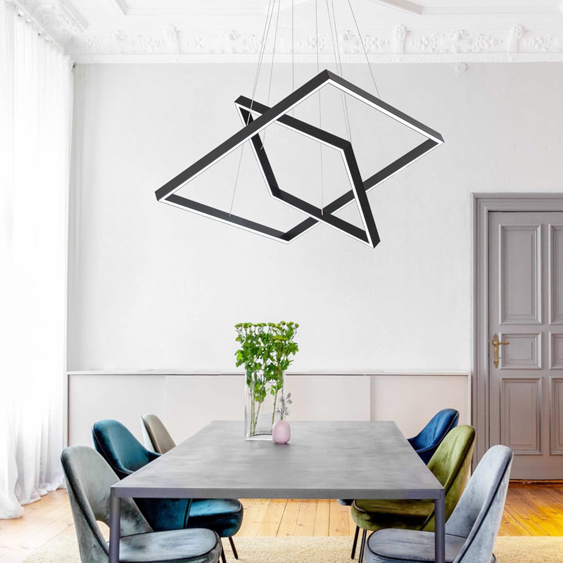 Lustre carré moderne à DEL avec éclairage à intensité variable, luminaire suspendu contemporain à 2 anneaux pour le salon, la salle à manger, la chambre à coucher, finition noire, blanc froid 6000K