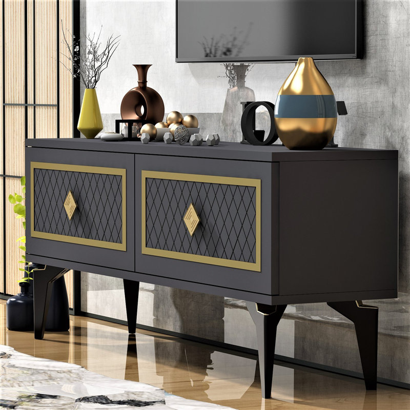 Meuble télé Catena, anthracite et or, 47,2 po x 19,3 po x 11,6 po Catena | 100% panneau de particules enduit de mélamine, épaisseur: 0,7 pouce | Conception élégante avec hauteur des pieds de 19,0 pouces, parfaite pour le salon et les espaces de divertissement