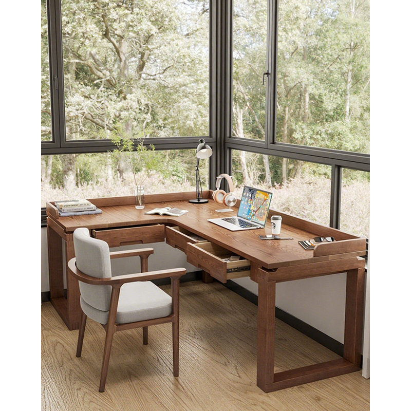 Bureau d'ordinateur en L en bois massif avec tiroirs, H 29,53 po x l 70,87 po x P 47,24 po