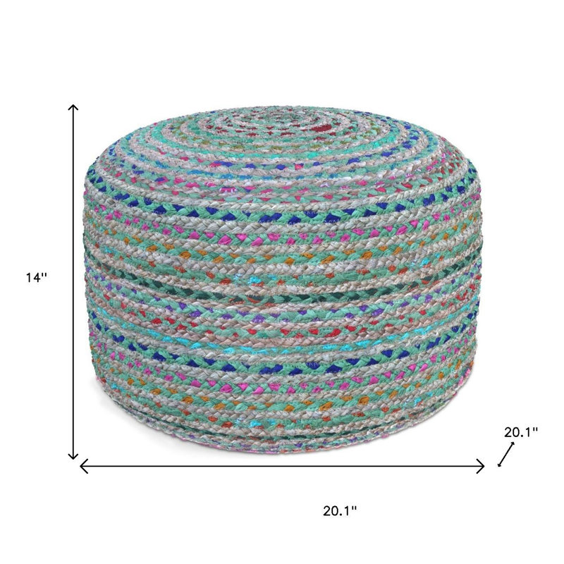 Pouf rond 20 po en jute et coton rayé bleu gris et vert