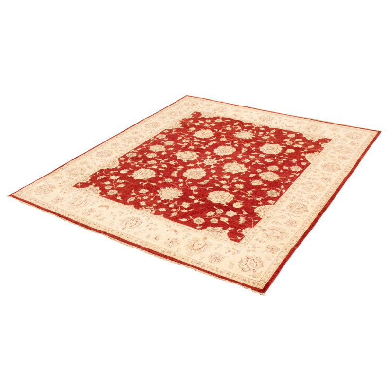 Tapis décoratif en laine rouge/crème de conception unique 8 pi 2 po x 9 pi 9 po noué à la main New Age