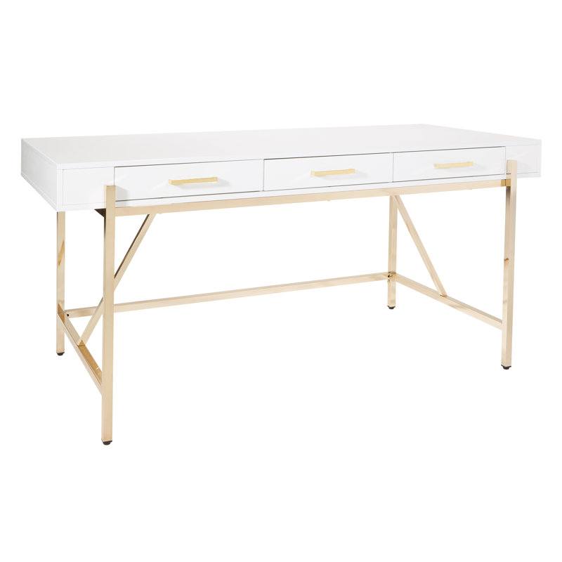 Bureau Vallee avec prises intégrées, Blanc/doré
