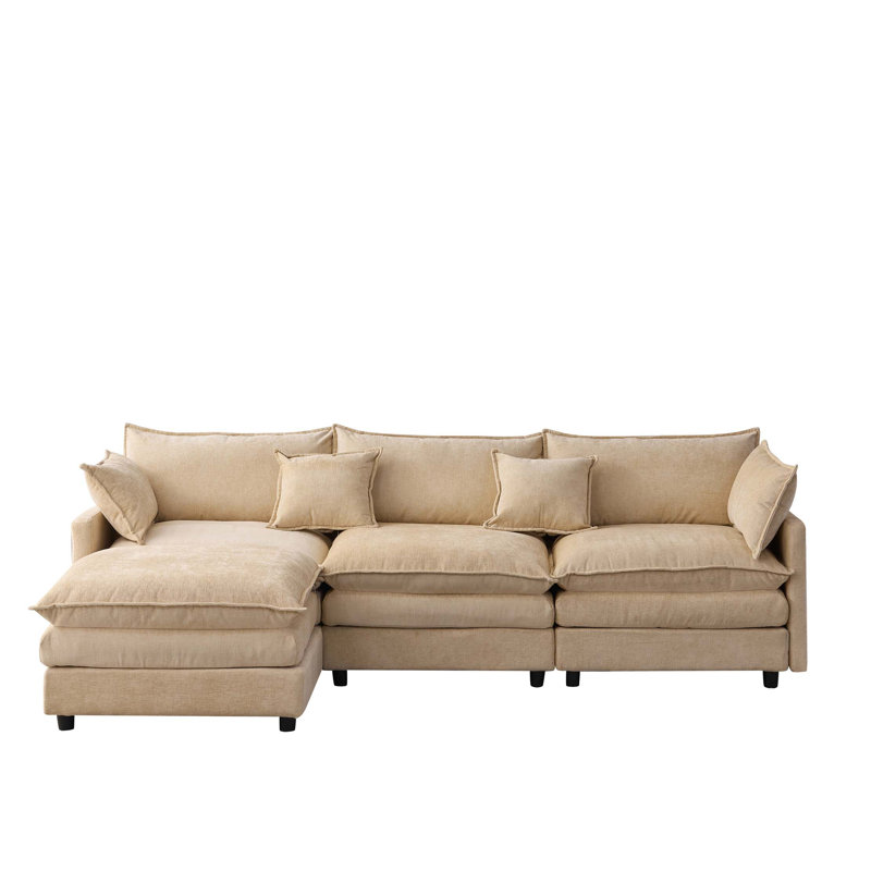 105" Modular Sectional Couch,Upholstered Soft Chenille Fabric Sofa,3 Seater With Ottoman L Shape Sofa, Light Coffee Chenille