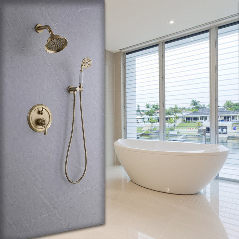 Complete Wall Mount Rainfall Shower System With Round  Handheld Spray, Brushed Gold