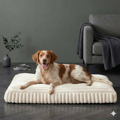 Lit pour chien de grande taille, lit plat pour animal de compagnie avec housse lavable amovible, joli tapis de caisse rempli de mousse de caisse hachée et déchiquetée épaisse, comprend un fond antidérapant pour une utilisation à l'intérieur, dimensions: 35 po x 23 po x 4 po, couleur: crème