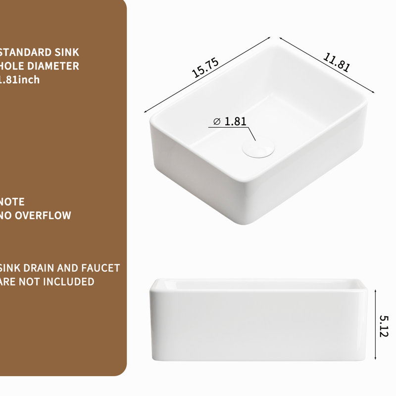Lavabo vasque en céramique 16 "x 12" au-dessus d'un comptoir, de conception rectangulaire, facile à installer et à nettoyer