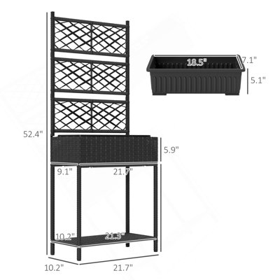 Spacieuse jardinière en rotin autoportante, jardinière extérieure en osier avec treillis pour plantes grimpantes, avec tablette de rangement