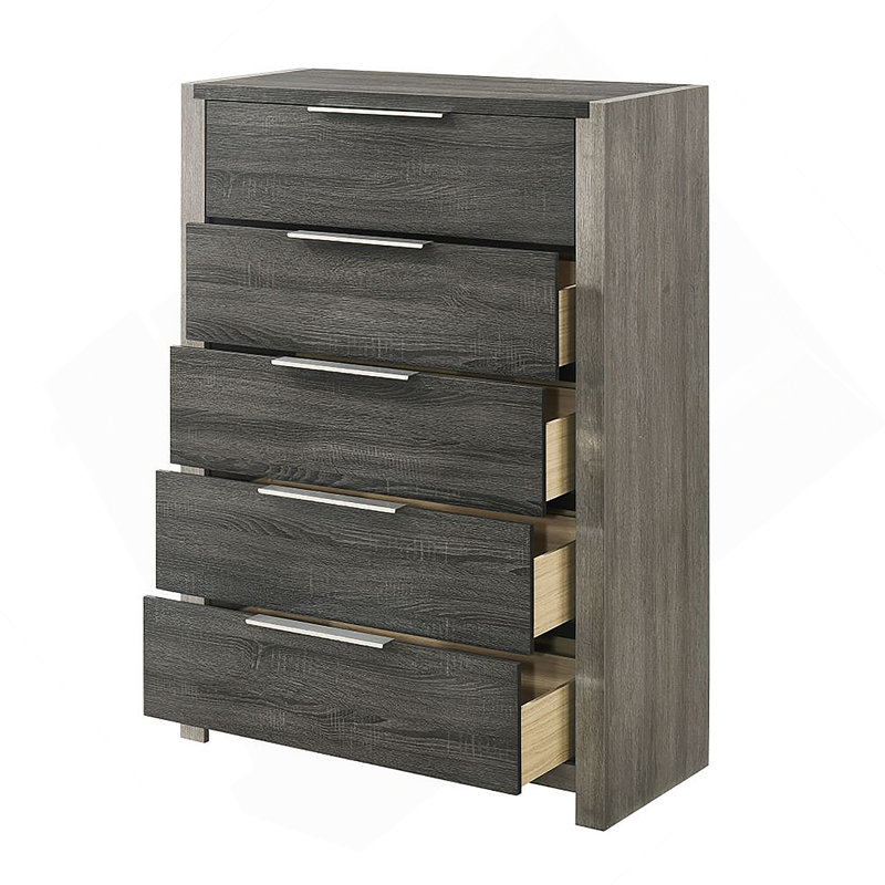 Commode de chambre en bois avec 5 tiroirs, Gris