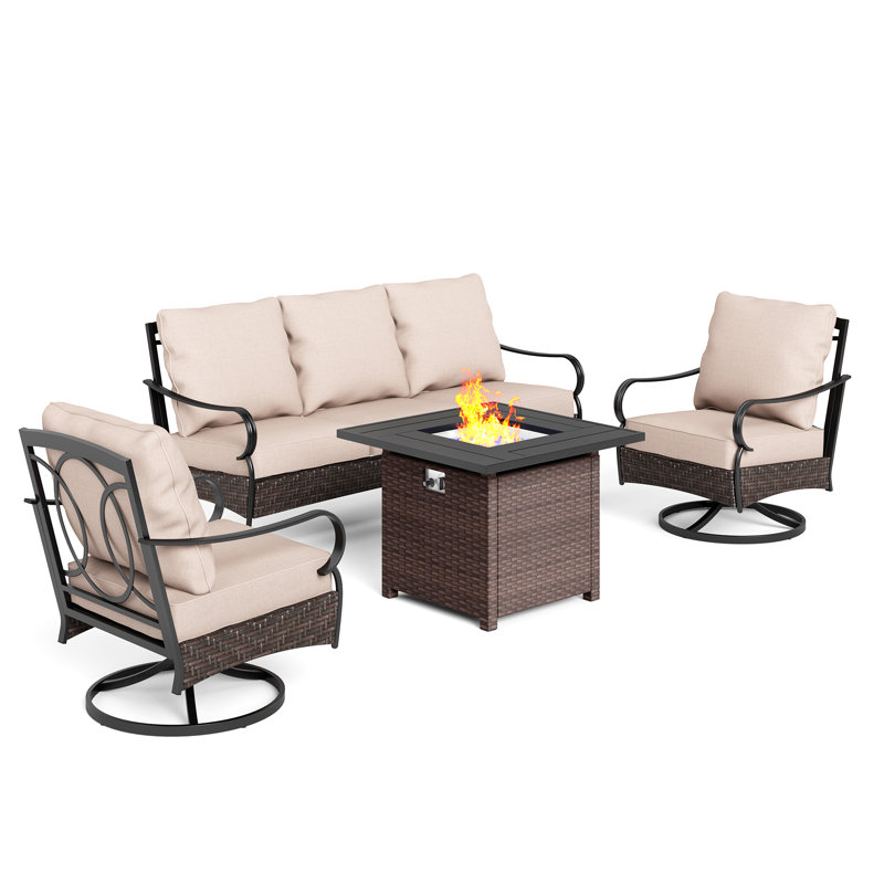 Salem 5-Person Swivel Outdoor Conversation Set with Fire Pit Table & Optional Ottomans, No