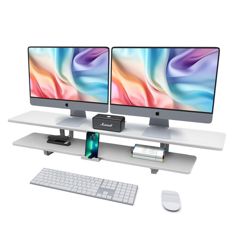 White Dual Monitor Stand with Storage and Cable Management