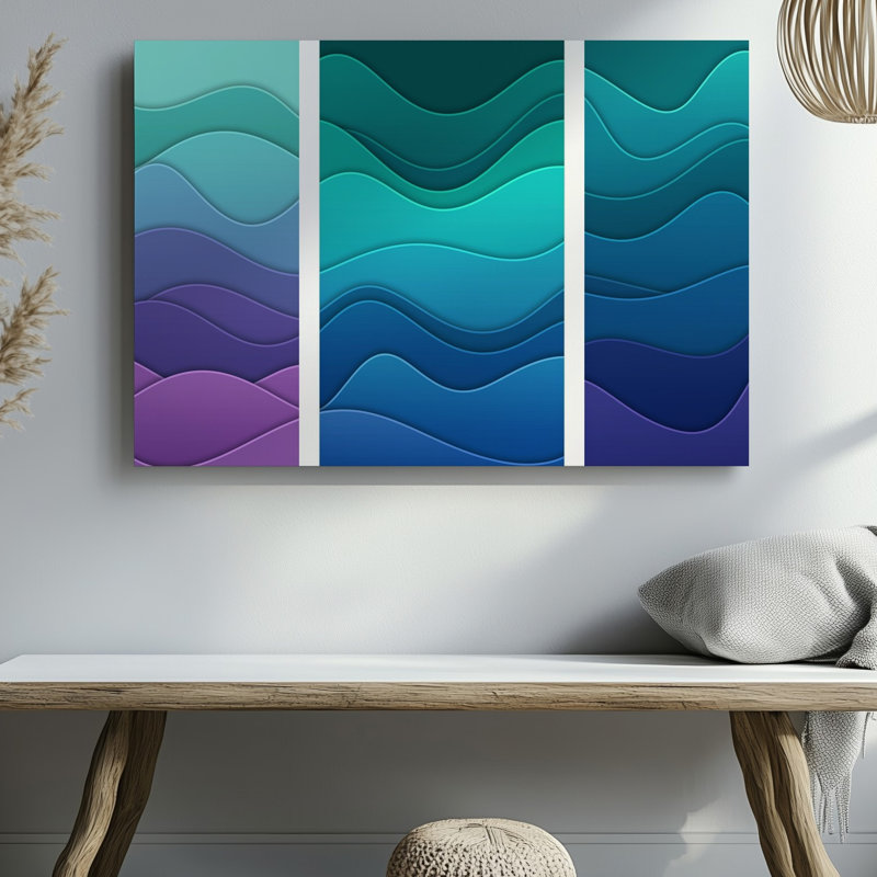 Reproduction d'art abstrait numérique sur toile avec une série de rayures murales ondulées dans des nuances variées de sarcelle turquoise