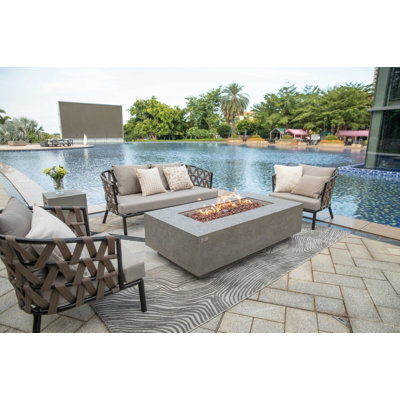 Madison 17'' H x 60'' L Travertine Outdoor Fire Pit Table - Includes Lava Rocks & Cover