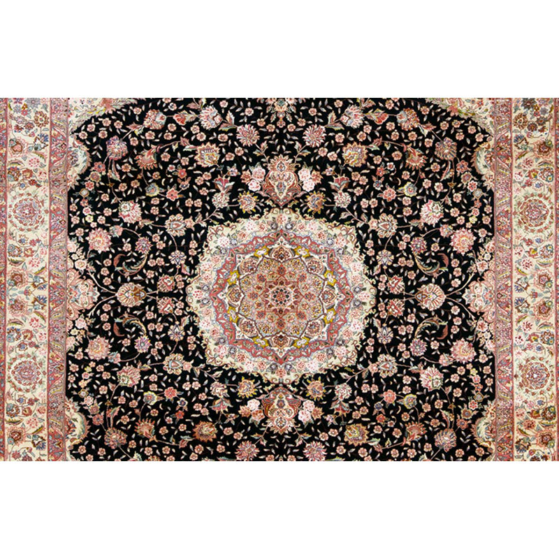 Hand-Knotted Black and Beige Wool Silk Medallion Rug 8' x 10'