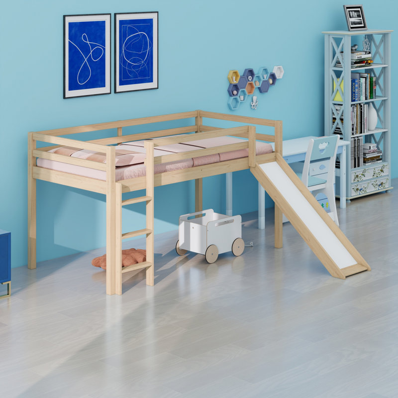 Twin Loft Bed With Slide, Wood Low Loft Bed Frame, Lower Storage Space, White Oak