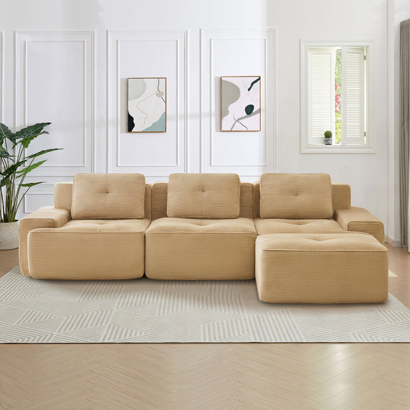 Tayani Boneless 124.00" U Shaped Couch, Modular Sectional Sofa, 3-Seater Comfy Cloud Couch with Movable Ottoman