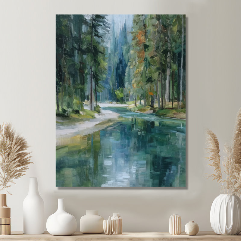 «Pine Trees Fraser River Calming Current», art sur toile, paysage vert, H 44 po x l 34 po, Toile tendue, Ne s’applique pas