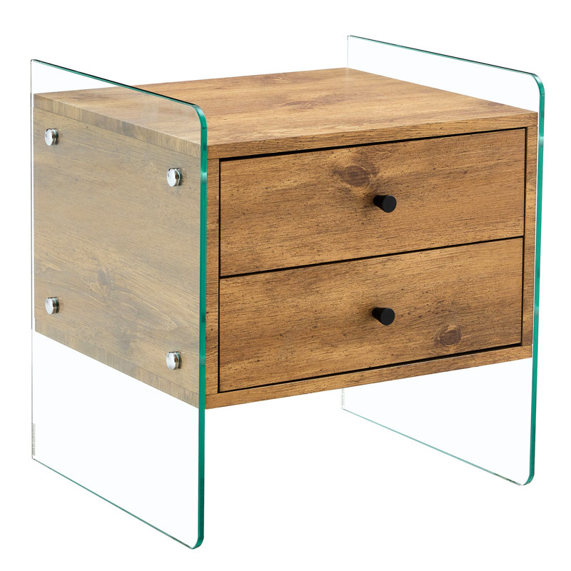 Table de chevet avec tiroirs doubles, surface et verre trempé transparent, convient aux espaces de travail à domicile Bords de verre, espace simple et fonctionnel