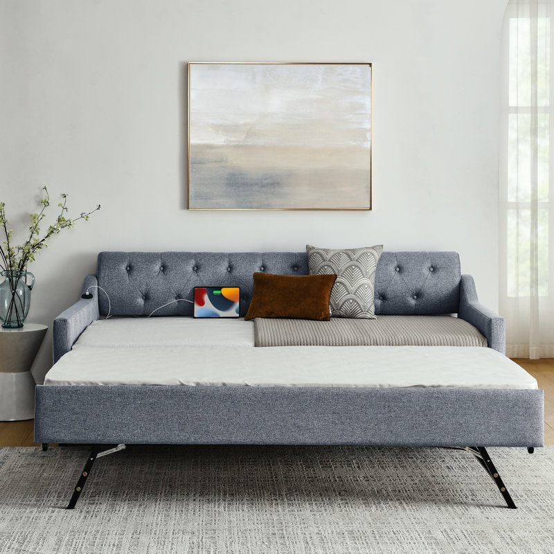 Lit de jour simple avec texture en lin, charge, gigogne dressable, structure de construction robuste, assise de chargement en tissu d'ameublement gris et touche de style détachable, cadre pouvant supporter 300 lb