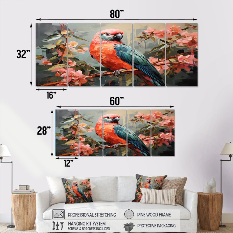 Ensemble d'œuvres murales roses et vertes, arbre floral et harmonie I - perroquet 5 pièces, H 32 po x l 80 po