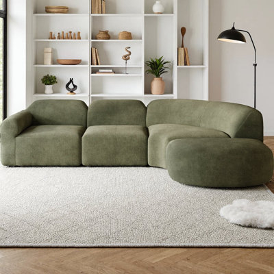 111" Modern Curved Sectional Sofa with Ottoman, 3-Piece Deep Seat Set, High-Density Compressed Sponge, Fully Assembled Right-Hand Facing, Soft Fabric for Living Room